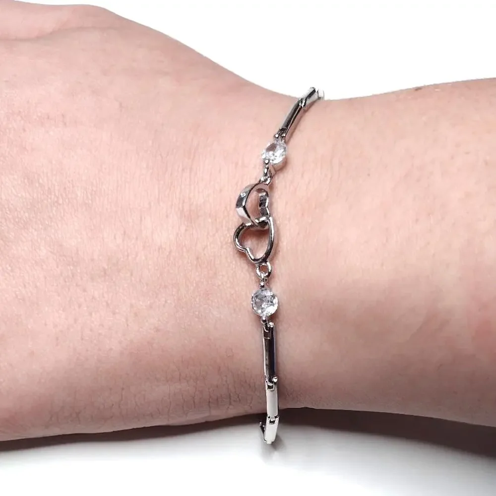 Linked Hearts Bracelet S925 Sterling Silver Zirconia Christmas Birthday Gift NEW